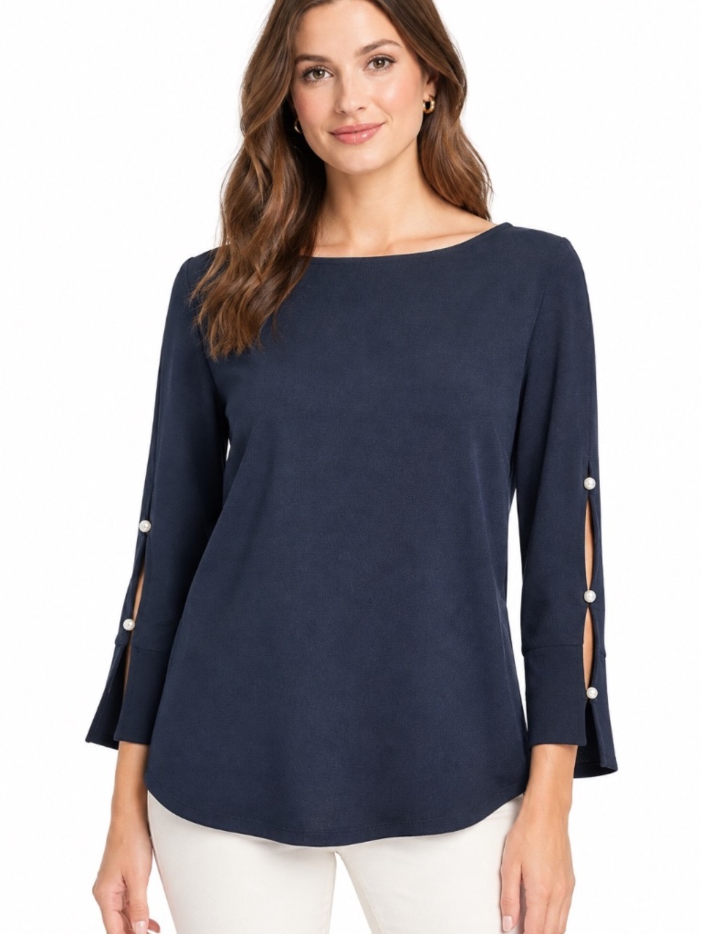 Ann Taylor Black Split Flounce Sleeve Faux Pearl Button Accent Top L